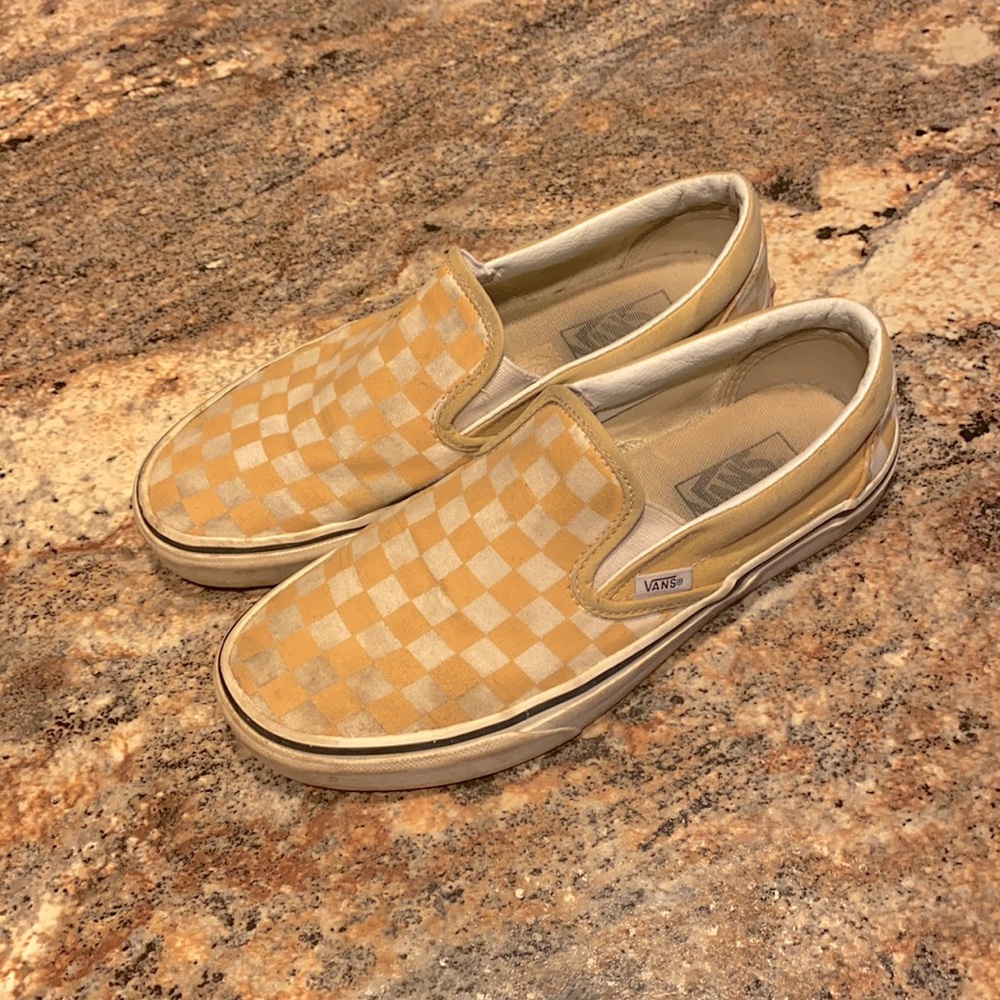 Yellow checkerboard slip on vans